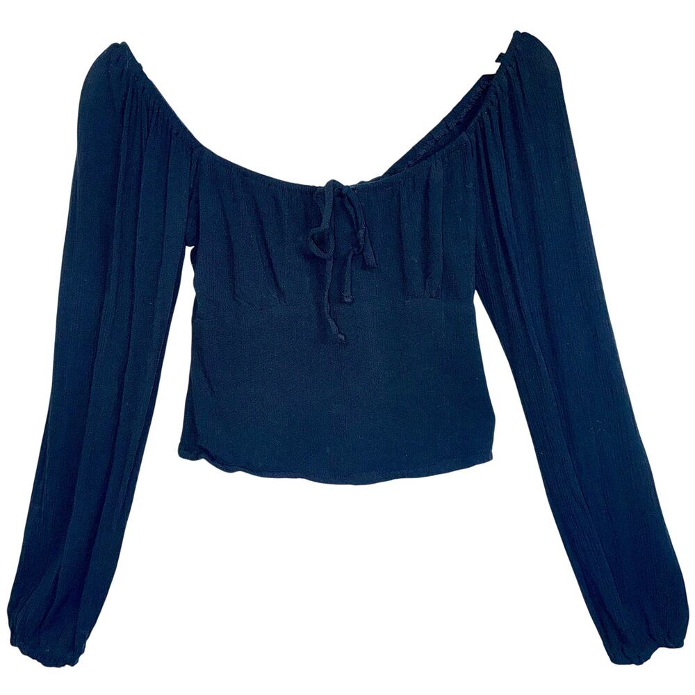 Abercrombie & Fitch Black Smocked Tie Front Long Sleeve Peasant Blouse Size S